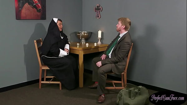 Slobbery nun sucks on ginger cock