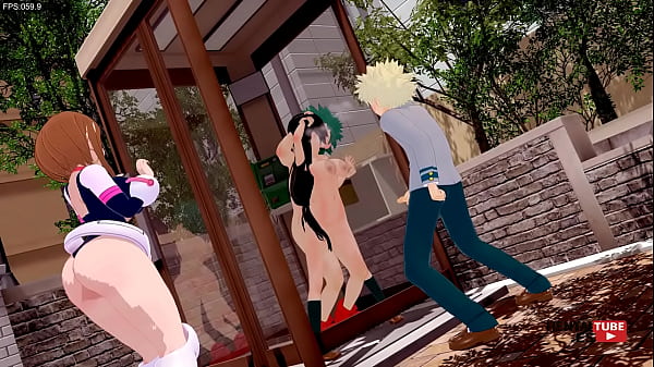 Boku No Hero Academia Hentai - Deku fode Tsuyu enquanto Uraraka os observa e Bakugou se masturba observando-os