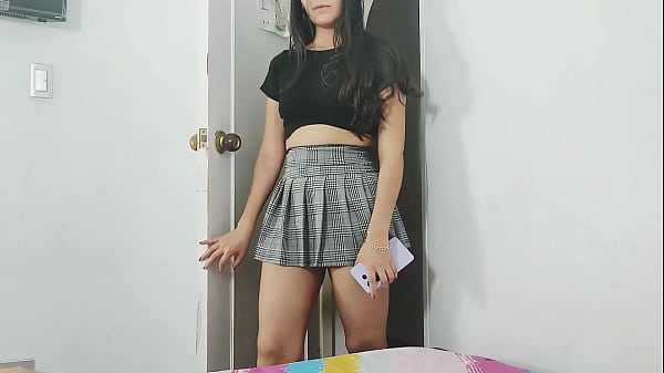 very hot stepdaughter dressed as a schoolgirl shows her schoolgirl skirt to her stepfather and ends up lying on his bed